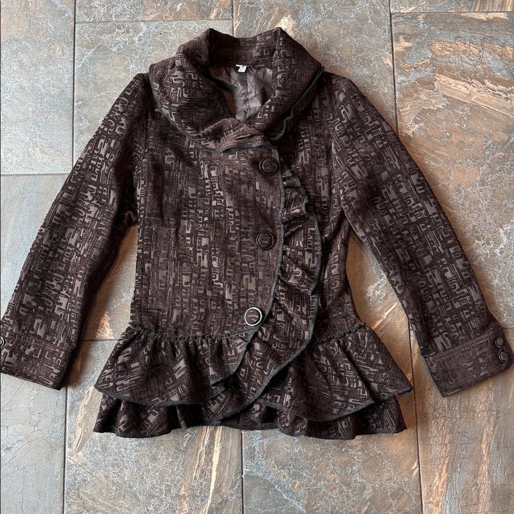 Lindi Brown Brocade Lagenlook Asymmetric Ruffle Tapestry Jacket Size S